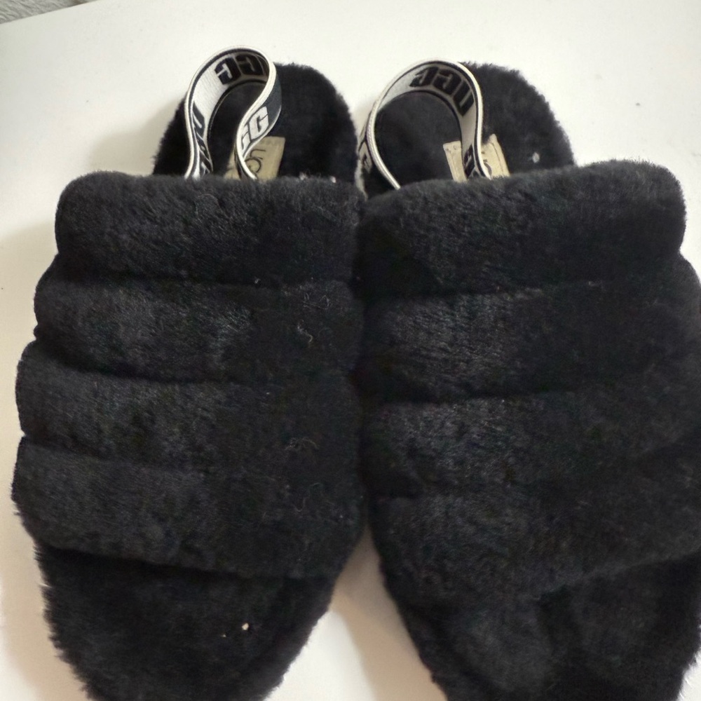 UGG Black Fluff Slide Sandals with Branded Heel Strap - Picture 4 of 6